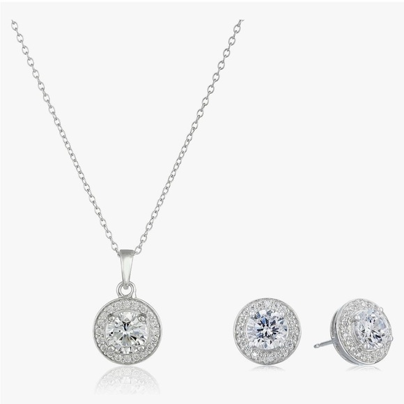 Jewelry - Sterling Silver Cubic Zirconia Halo Pendant Necklace and Stud Earrings Set